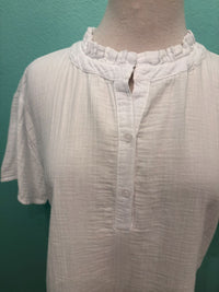 S/S GAUZE RUFFLE NECK HENLEY TOP-WHITE-MODODOC