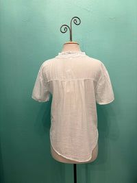 S/S GAUZE RUFFLE NECK HENLEY TOP-WHITE-MODODOC