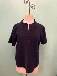 S/S GAUZE RUFFLE NECK HENLEY TOP-VIBRANT NAVY-MODODOC