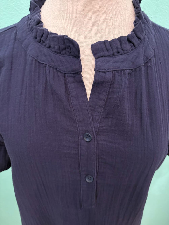 S/S GAUZE RUFFLE NECK HENLEY TOP-VIBRANT NAVY-MODODOC