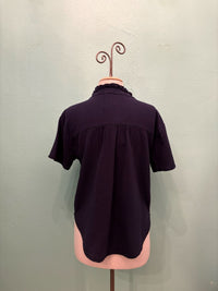 S/S GAUZE RUFFLE NECK HENLEY TOP-VIBRANT NAVY-MODODOC