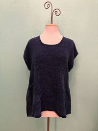 GAUZE SCOOP NECK W/POCKET-INDIGO-COTTON LANI