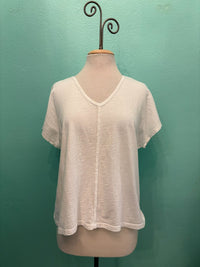 V-NECK SEAM CAP SLEEVE TEE-WHITE-COTTON LANI