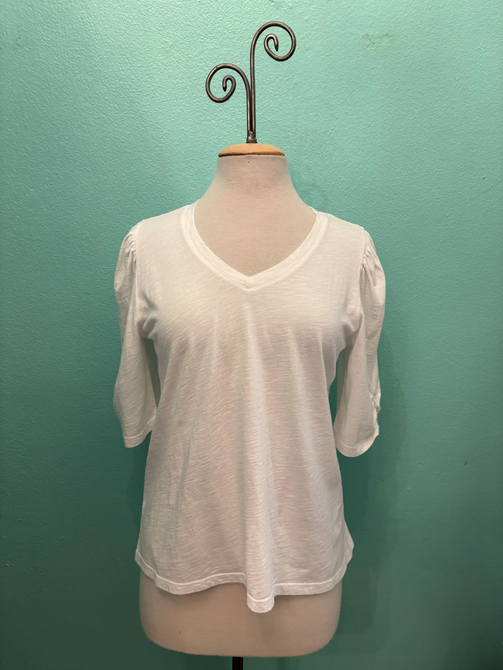 V-NECK PUFF SLEEVE TEE-WHITE-COTTON LANI