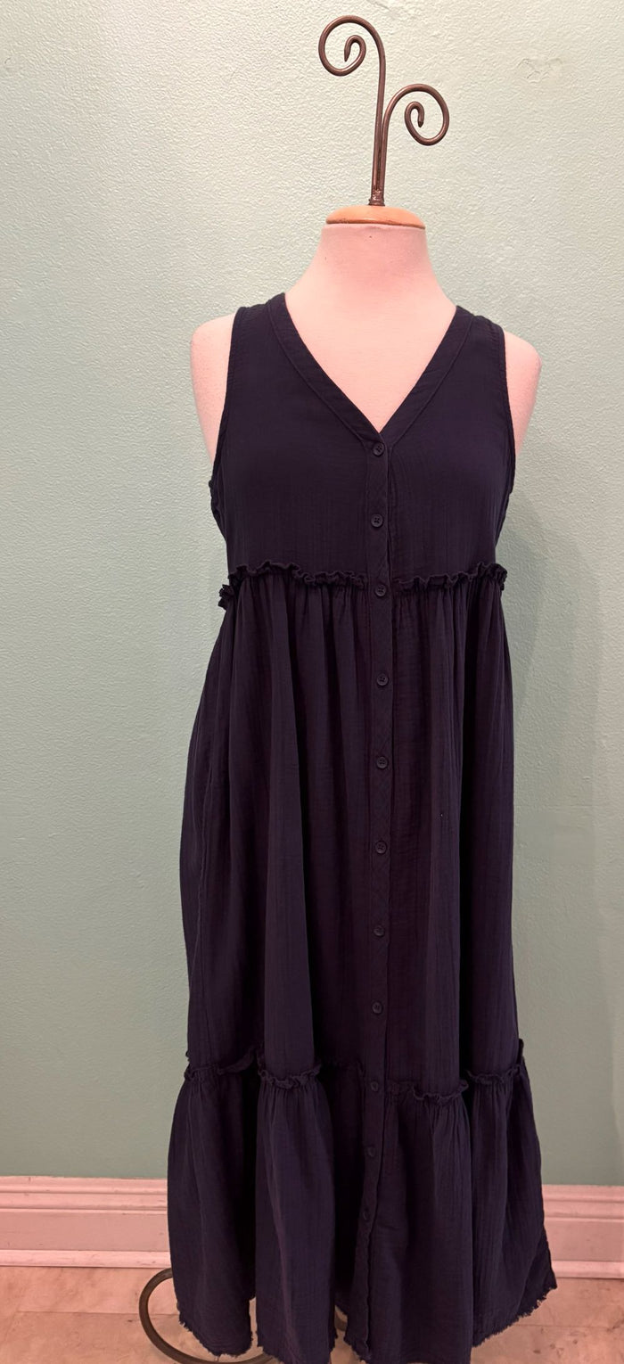 BUTTON FRONT TIER MIDI TANK DRESS-NAVY-MODODOC