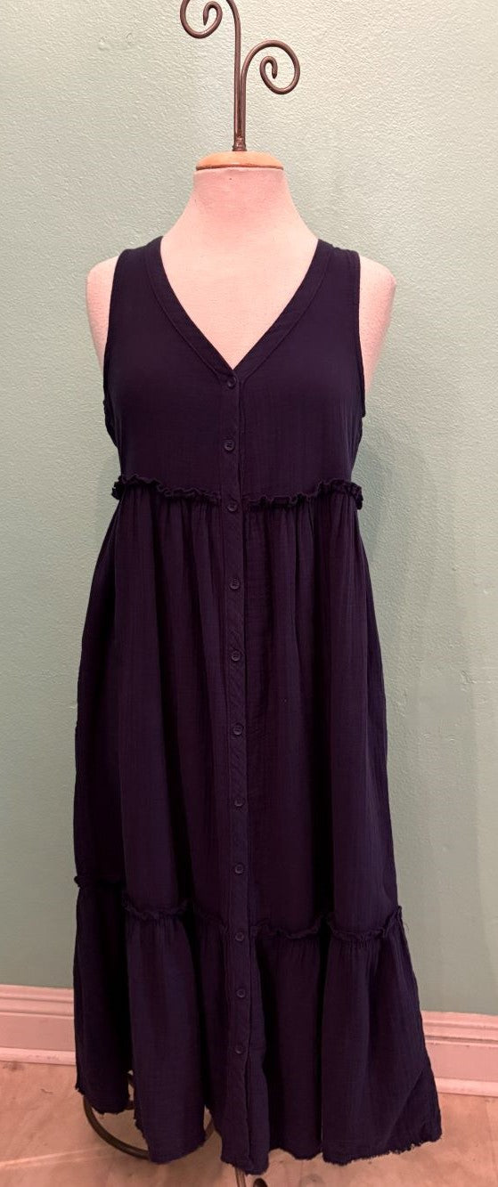 BUTTON FRONT TIER MIDI TANK DRESS-NAVY-MODODOC