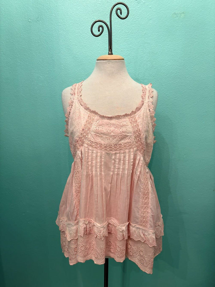 STRAPPY TANK WITH RUFFLES AND LACE-PINK-PAPER LACE