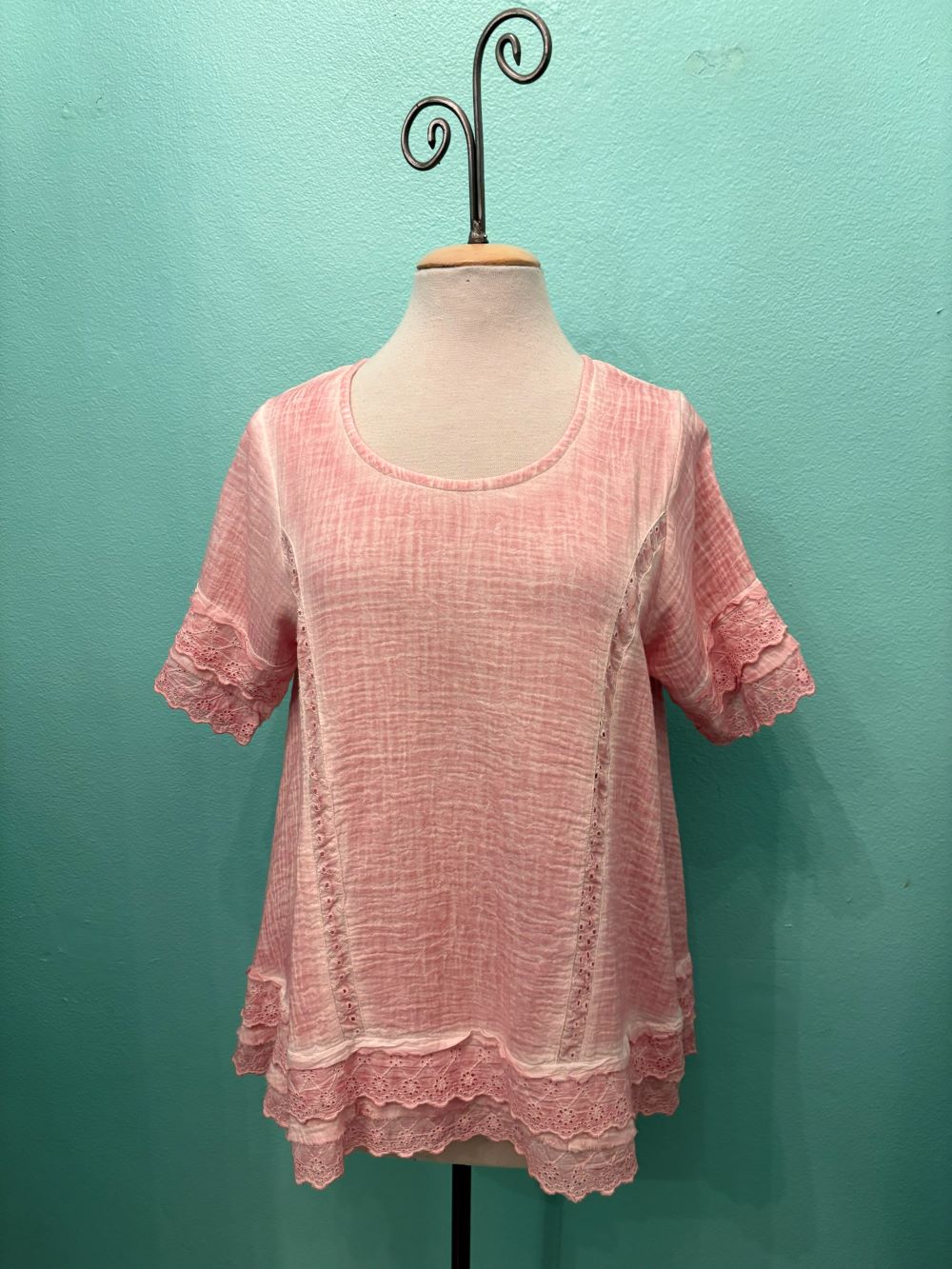 BOXY GAUZE TOP W/LACE DETAIL-PINK-PAPER LACE
