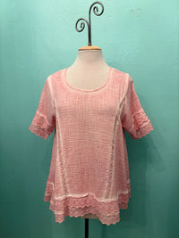 BOXY GAUZE TOP W/LACE DETAIL-PINK-PAPER LACE