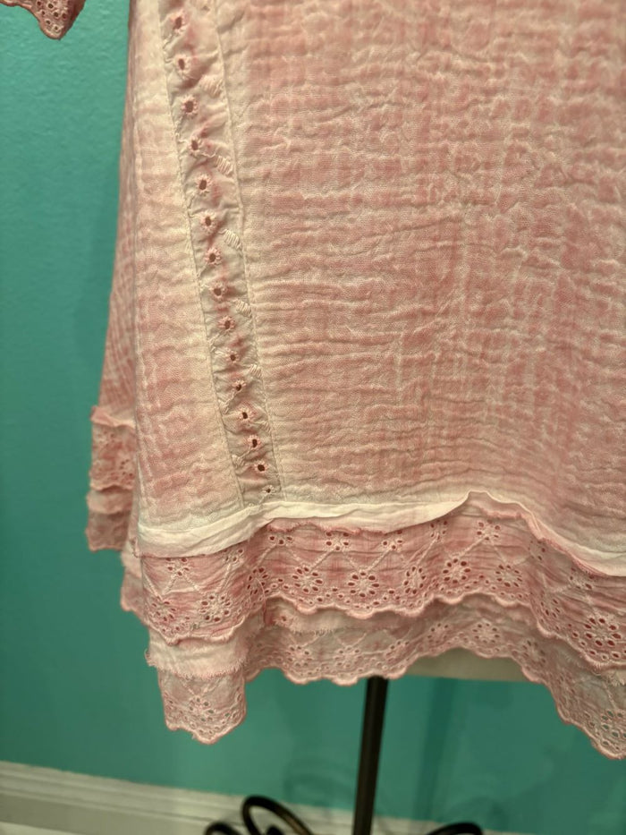 BOXY GAUZE TOP W/LACE DETAIL-PINK-PAPER LACE