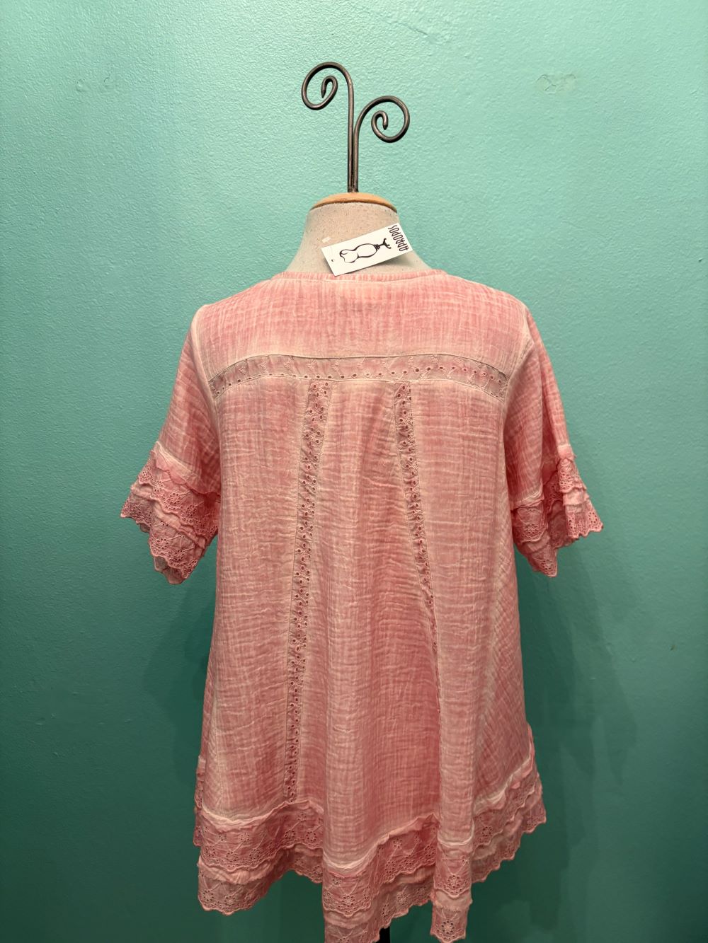 BOXY GAUZE TOP W/LACE DETAIL-PINK-PAPER LACE