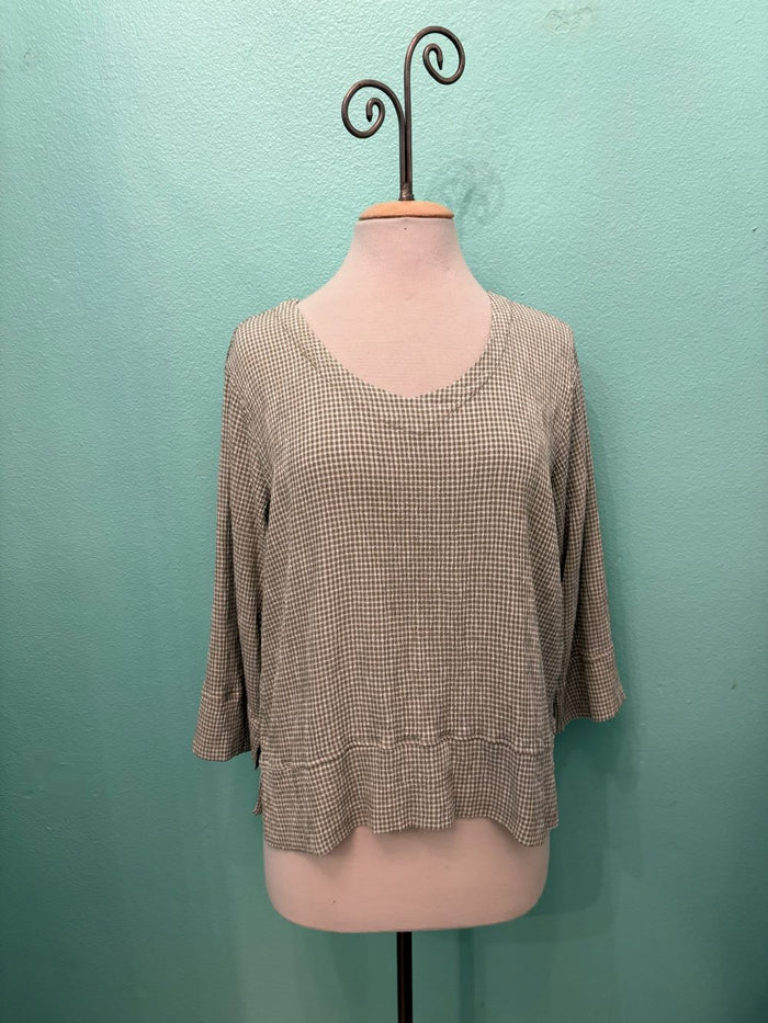 CHECK V-NECK W/VENT 3/4 SLV-BALSAM GREEN-CUT LOOSE