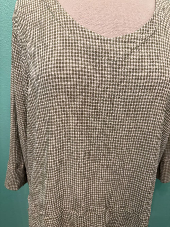 CHECK V-NECK W/VENT 3/4 SLV-BALSAM GREEN-CUT LOOSE