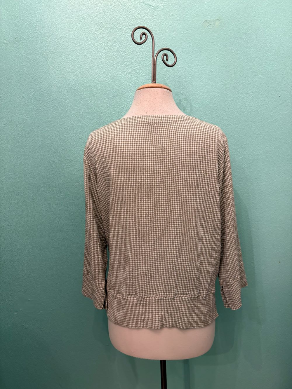 CHECK V-NECK W/VENT 3/4 SLV-BALSAM GREEN-CUT LOOSE
