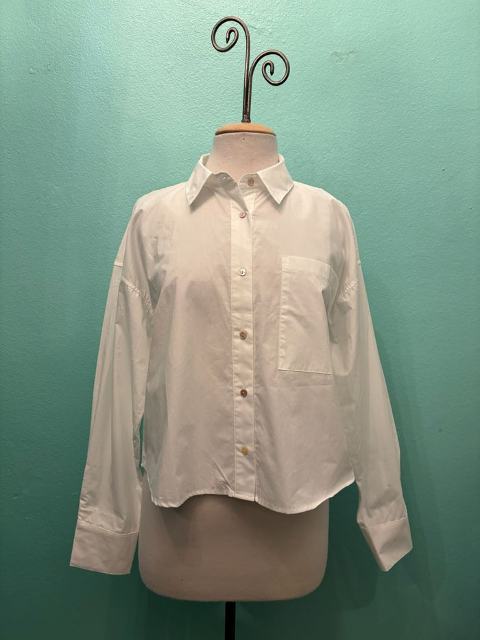 L/S CROP BUTTON UP SHIRT-OFF WHITE-MODODOC