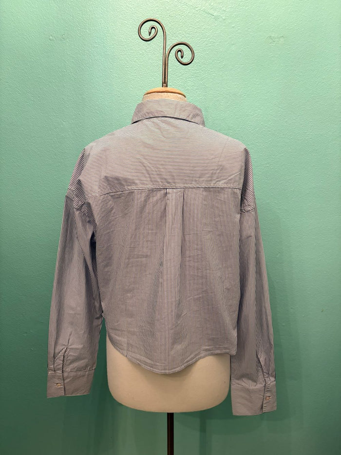 L/S CROP BUTTON UP SHIRT-WHT/DENIM STRIPE-MODODOC