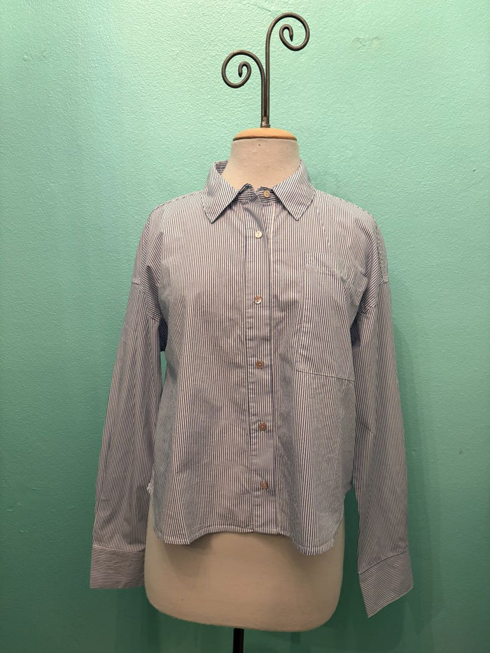 L/S CROP BUTTON UP SHIRT-WHT/DENIM STRIPE-MODODOC