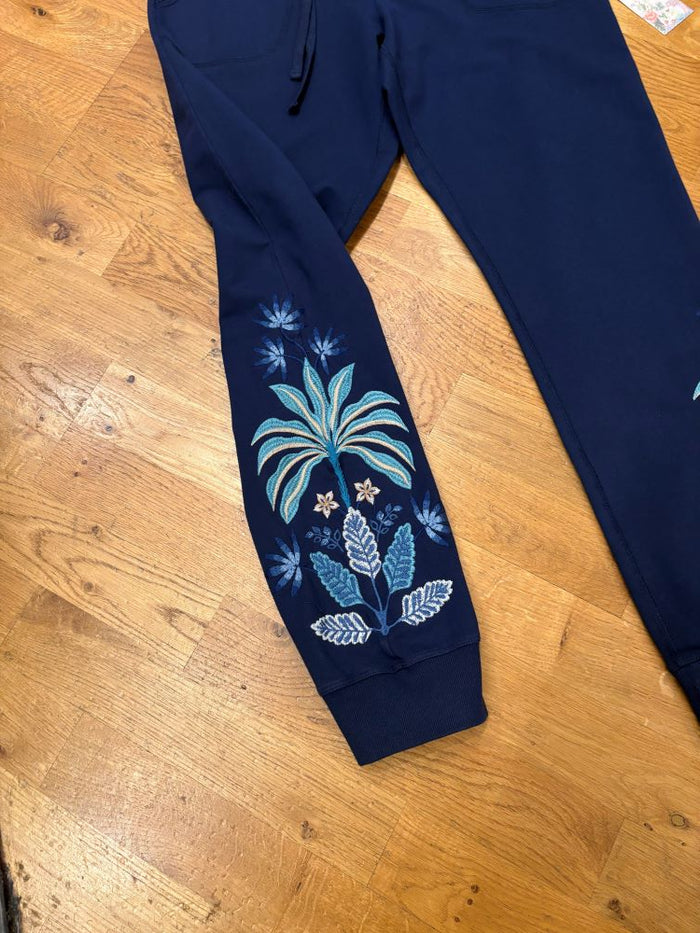 Navy blue fabric with floral embroidery 