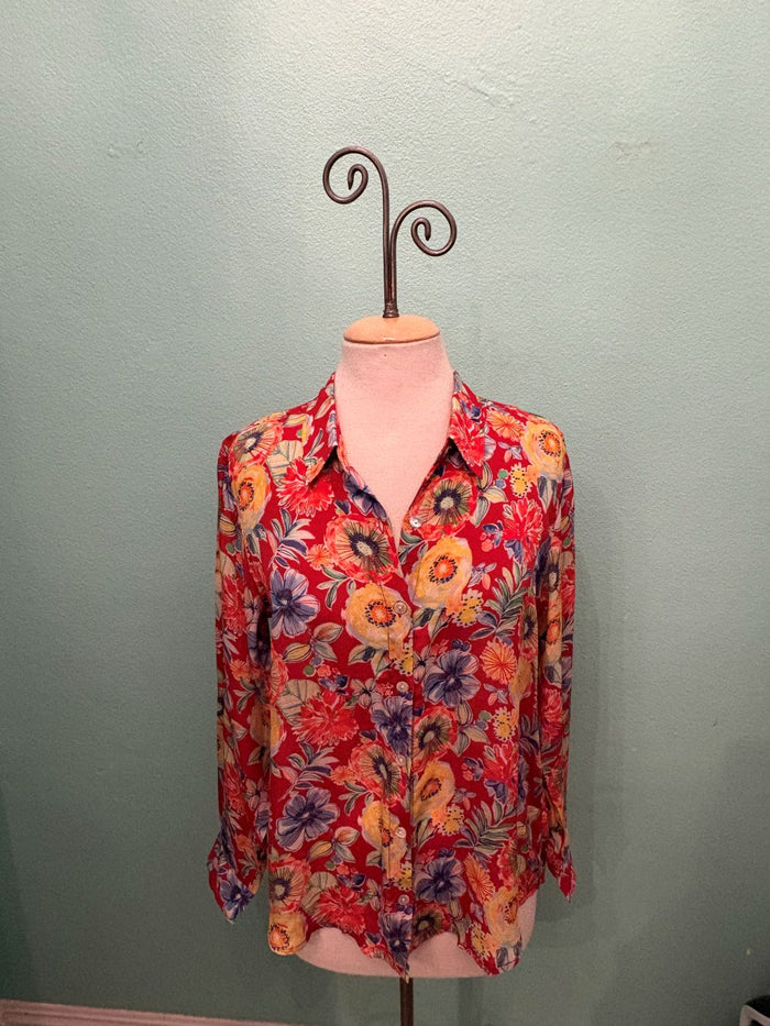 RED HAWAIIAN PRINT BUTTONDOWN BLOUSE-APNY