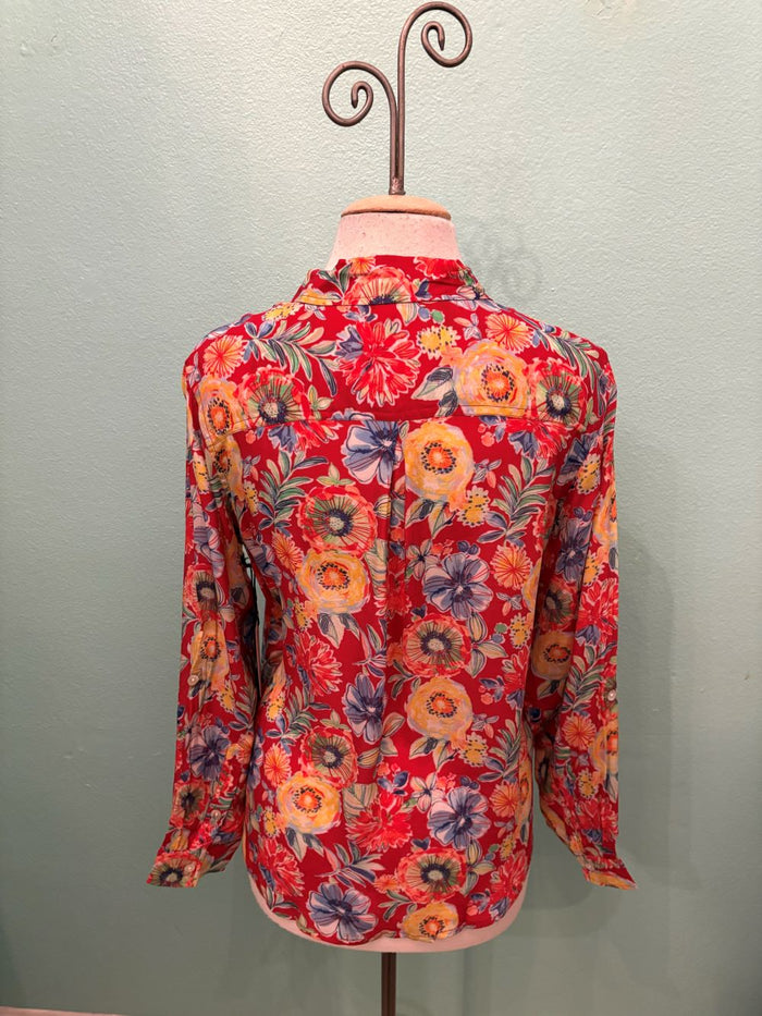 RED HAWAIIAN PRINT BUTTONDOWN BLOUSE-APNY