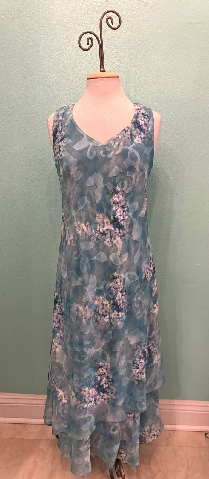 AQUA BLUE V-NECK FLORAL DRESS-ARIS A