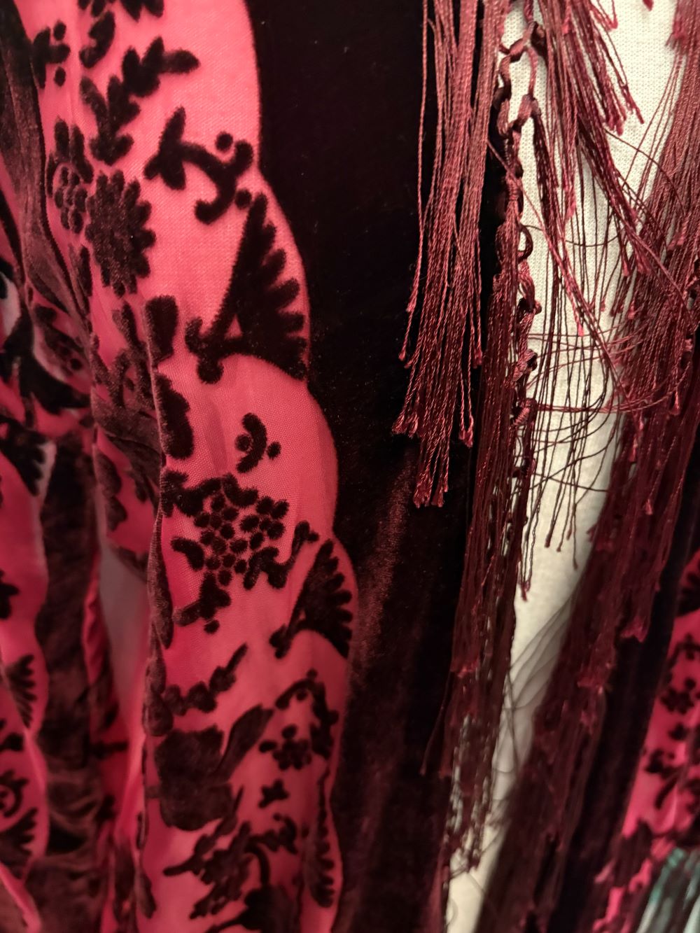 BURGUNDY BURNOUT VELVET FRINGE JACKET-ARIS A