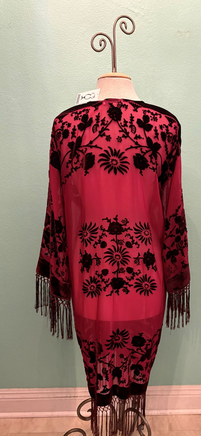 BURGUNDY BURNOUT VELVET FRINGE JACKET-ARIS A