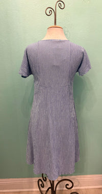 CRINKLE CHECK V-NECK SWING DRESS-FORGET-ME-NOT-CUT LOOSE