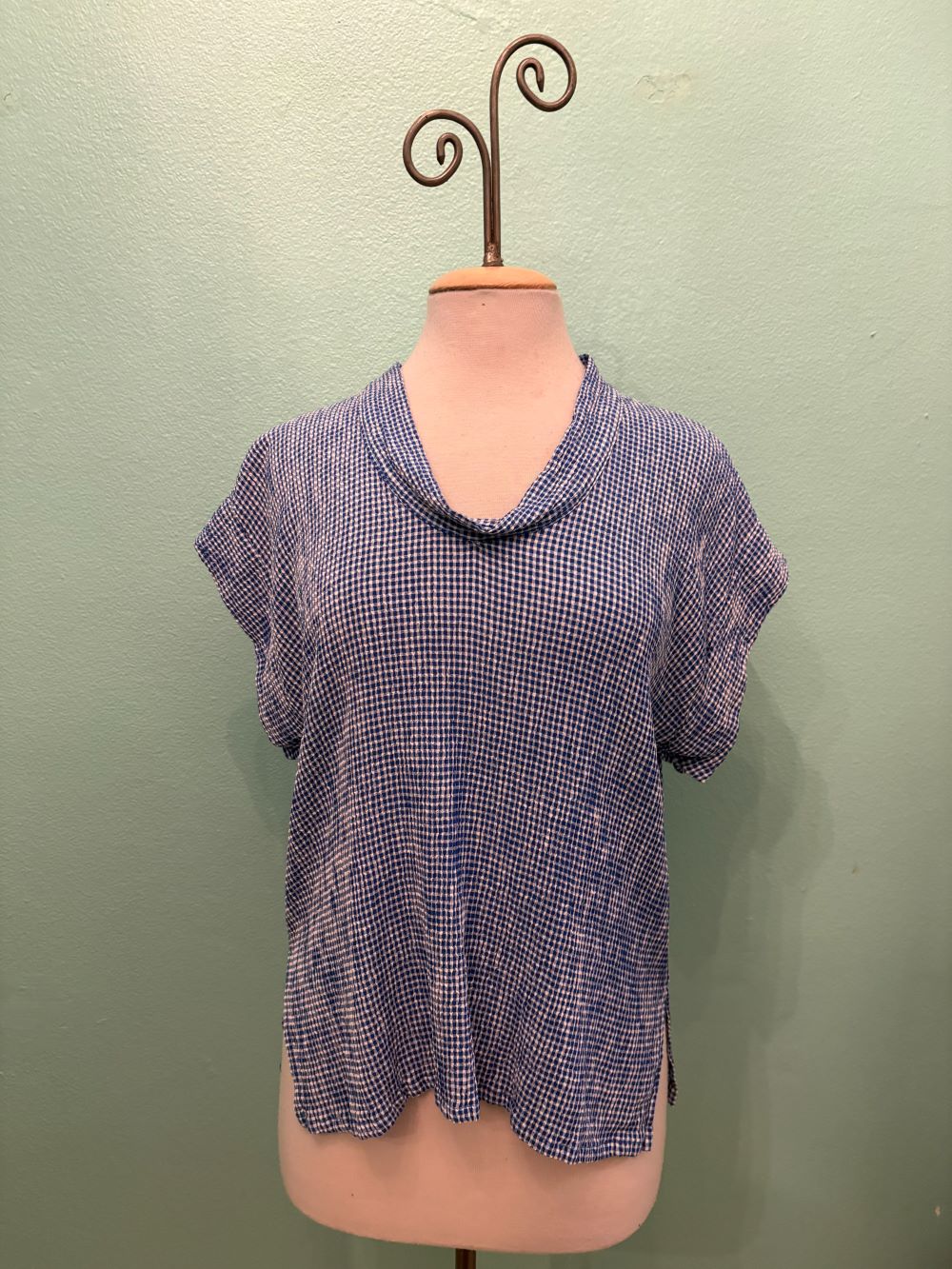 CHECK SHORT SLV COWL TOP-VIVID BLUE-CUT LOOSE