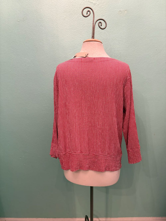 CHECK V-NECK W/VENT 3/4 SLV-CHERRY-CUT LOOSE