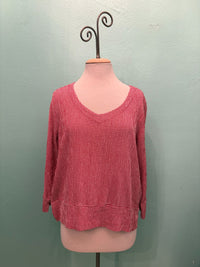 CHECK V-NECK W/VENT 3/4 SLV-CHERRY-CUT LOOSE
