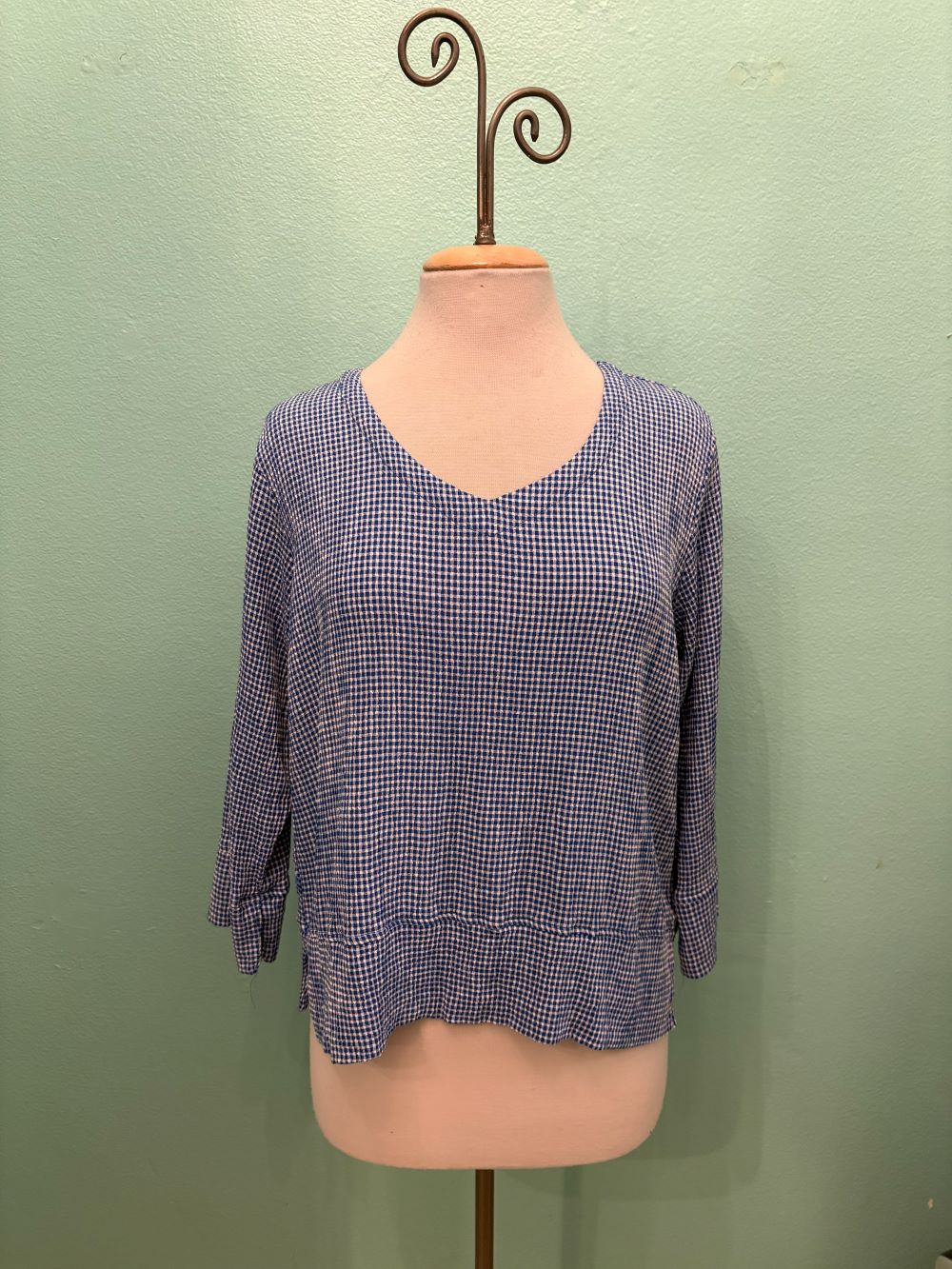 CHECK V-NECK W/VENT 3/4 SLV-VIVID BLUE-CUT LOOSE