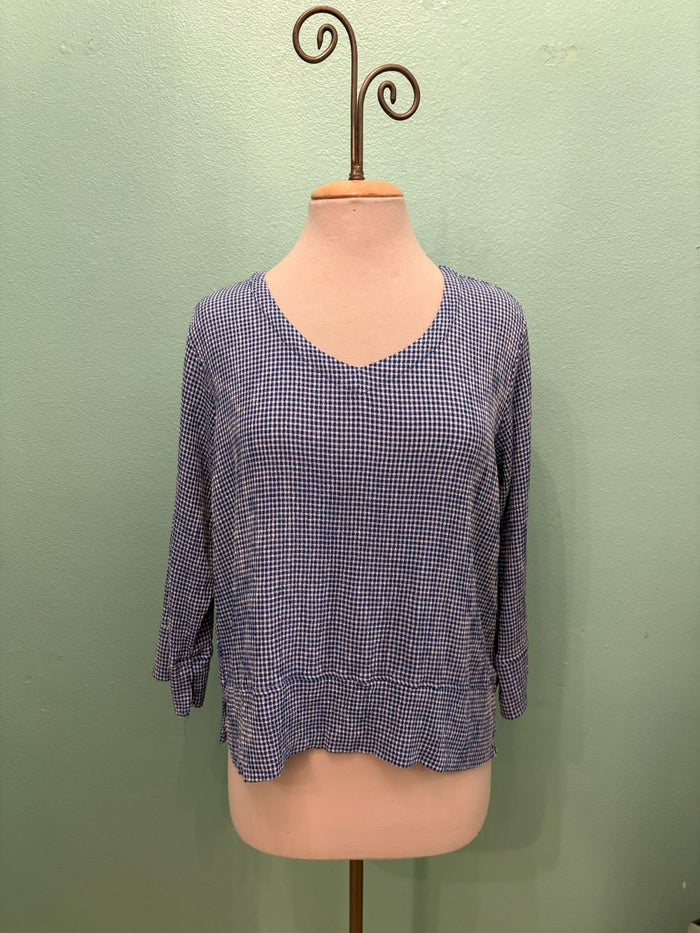 CHECK V-NECK W/VENT 3/4 SLV-VIVID BLUE-CUT LOOSE