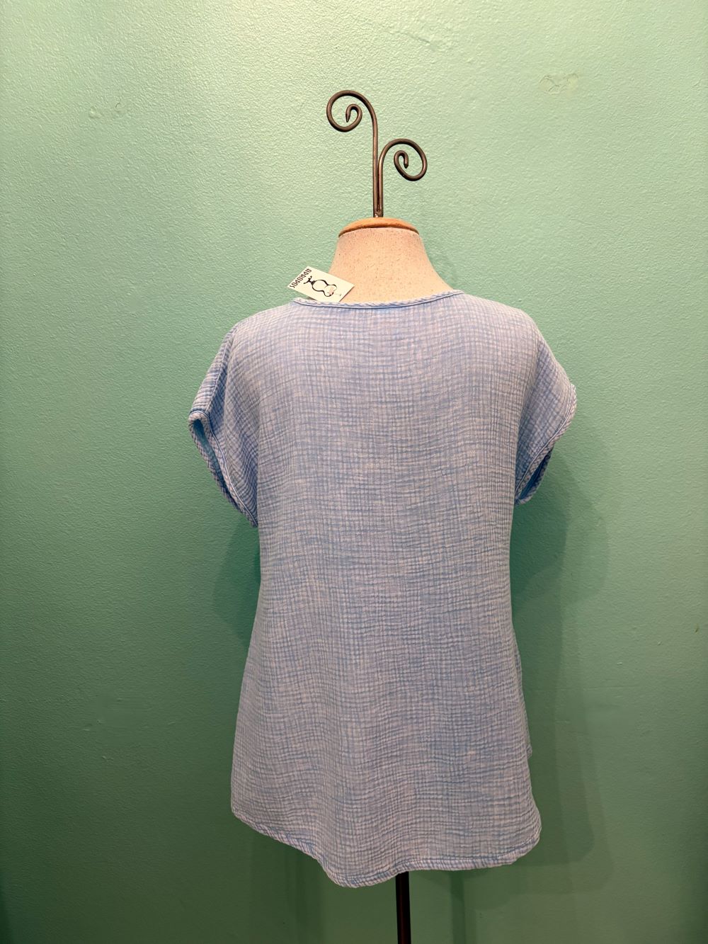 GAUZE SCOOP NECK W/POCKET-SKY-COTTON LANI