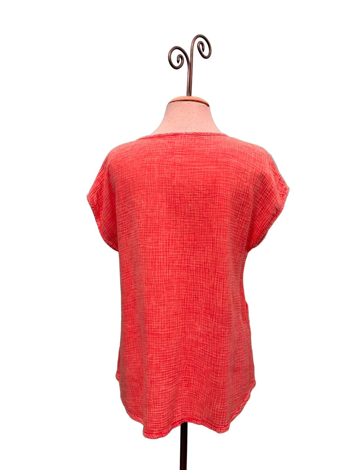 GAUZE SCOOP NECK W/POCKET-CORAL-COTTON LANI