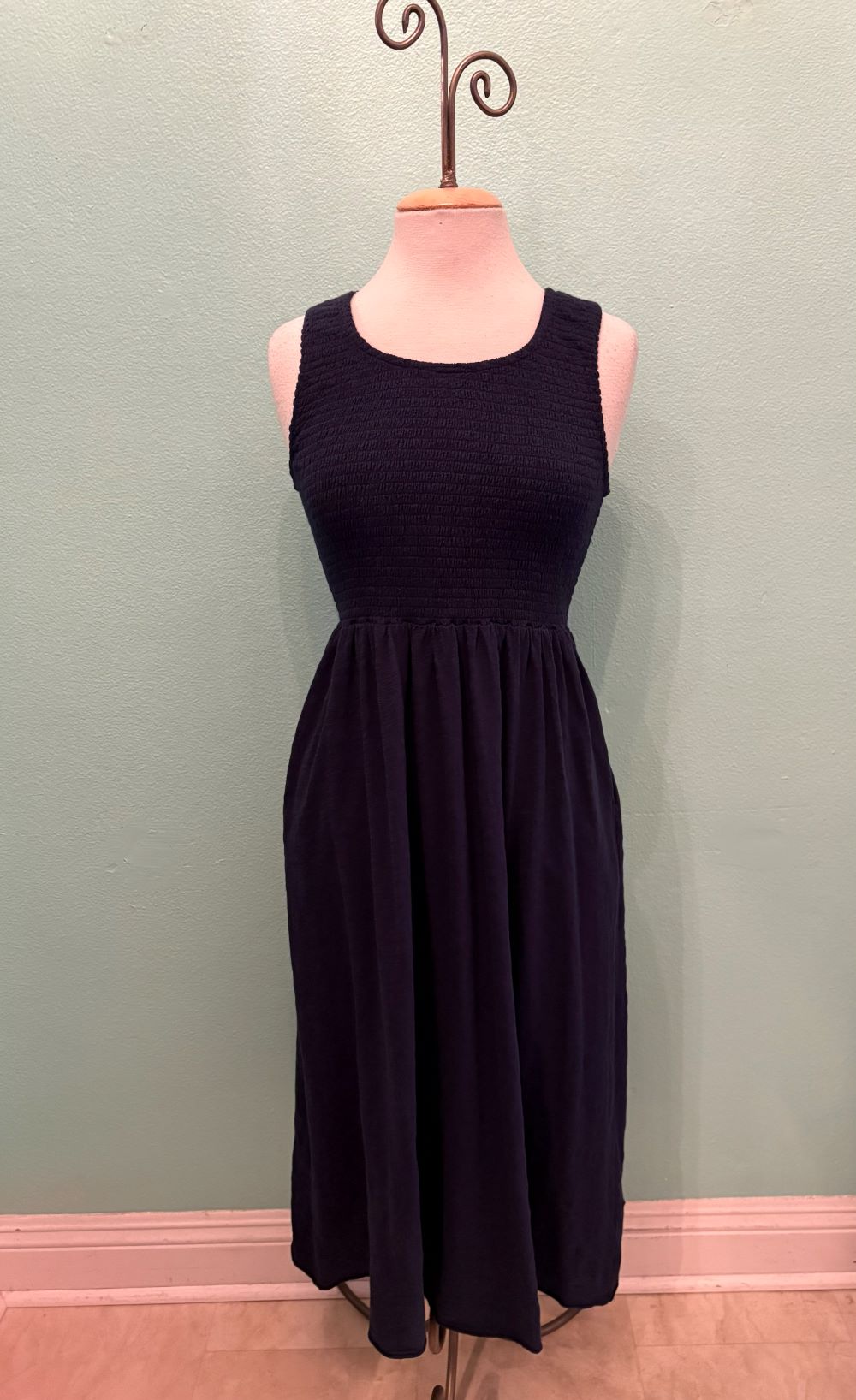 SMOCKED TANK MIDI DRESS-VIBRANT NAVY-MODODOC