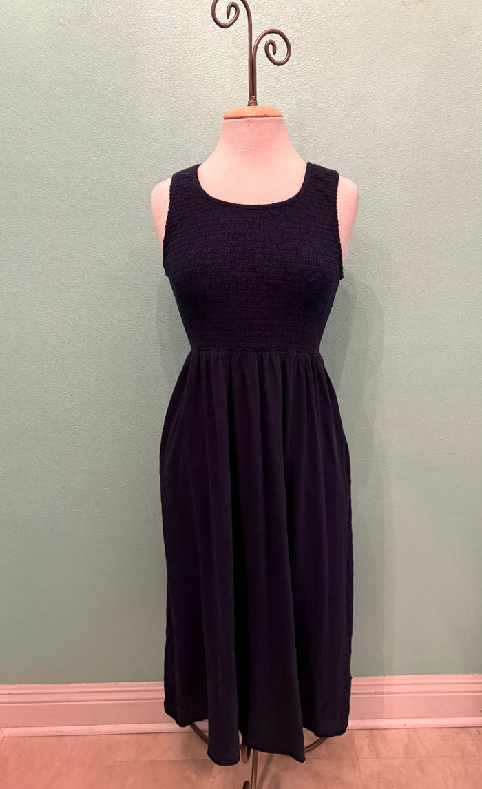 SMOCKED TANK MIDI DRESS-VIBRANT NAVY-MODODOC