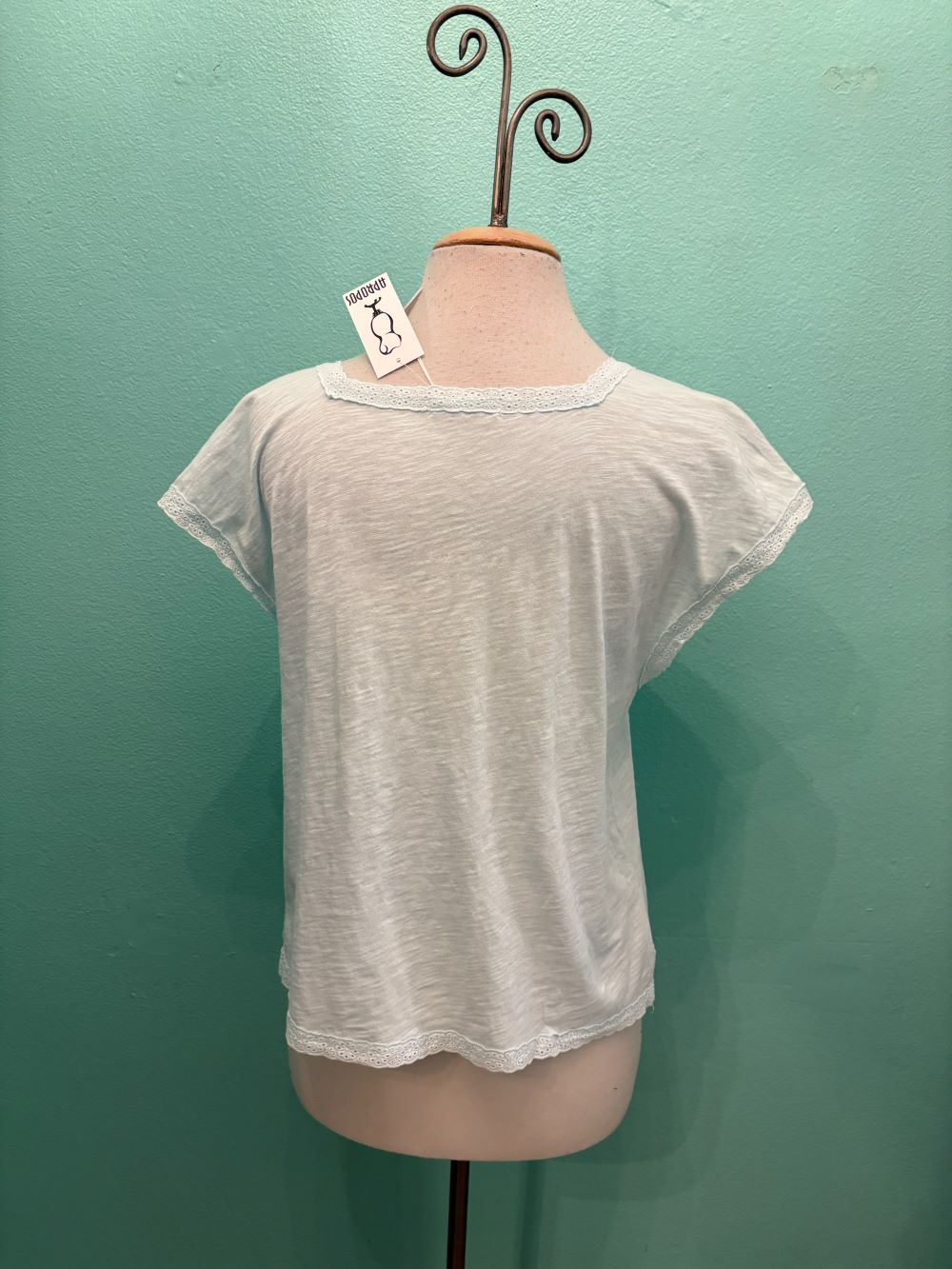 DOLMAN SLV W/LACE TRIM-BLUE PEARL-MODODOC