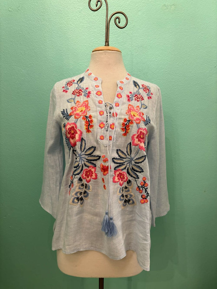 TIE FRONT BLOUSE-LIRIELLE-BLUE-JOHNNY WAS