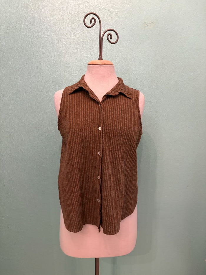 SLEEVELESS SHIRT STRIPE W/COLLAR-COCONUT-CUT LOOSE
