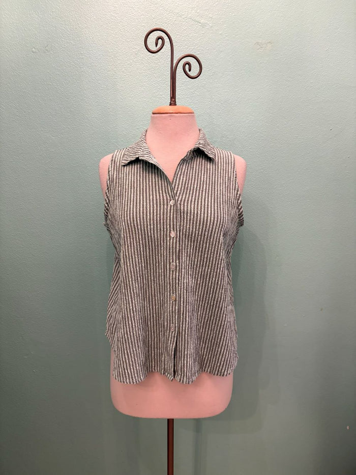 SLEEVELESS SHIRT STRIPE W/COLLAR-FOUNTAIN-CUT LOOSE