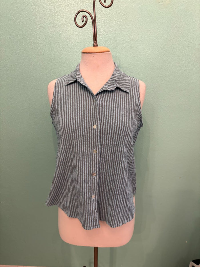 SLEEVELESS SHIRT STRIPE W/COLLAR-BELLFLOWER-CUT LOOSE