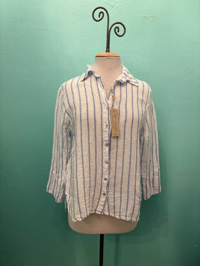 BLUE STRIPE CROP EASY SHIRT-LAUNDERED-CUT LOOSE