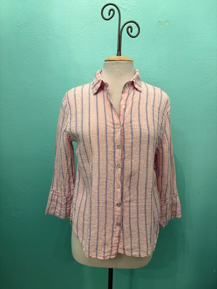 BLUE STRIPE CROP EASY SHIRT-PINK SALT-CUT LOOSE