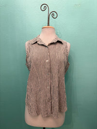 SLEEVELESS SHIRT STRIPE W/COLLAR-PINK SALT-CUT LOOSE