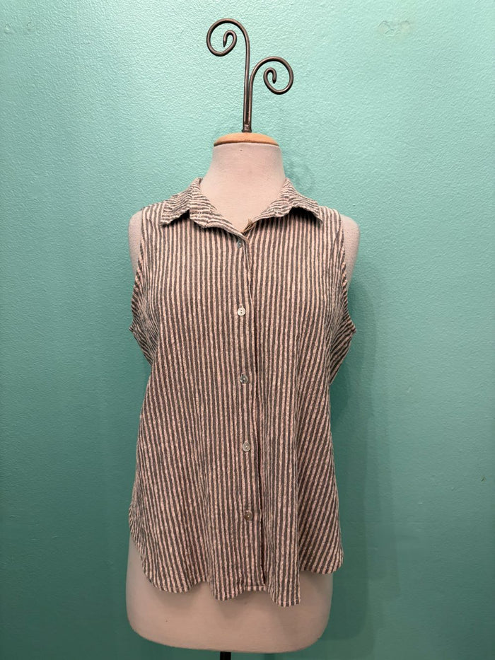 SLEEVELESS SHIRT STRIPE W/COLLAR-PINK SALT-CUT LOOSE