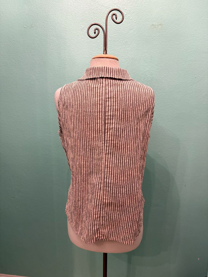 SLEEVELESS SHIRT STRIPE W/COLLAR-PINK SALT-CUT LOOSE
