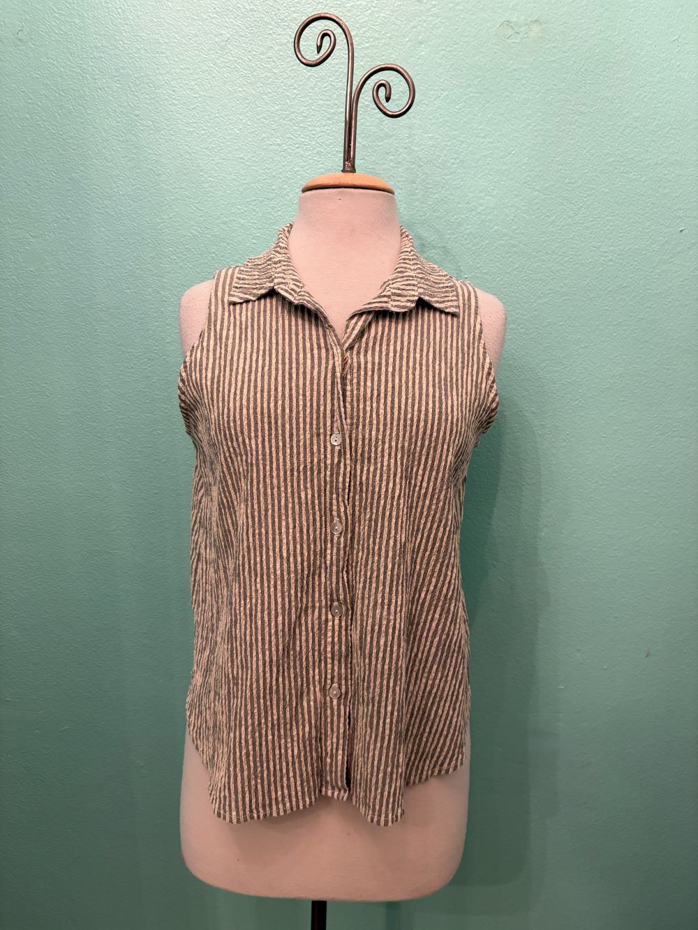 SLEEVELESS SHIRT STRIPE W/COLLAR-JICAMA-CUT LOOSE