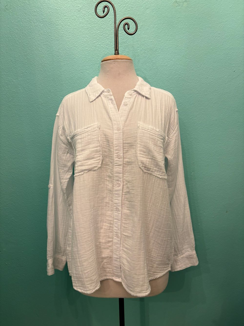 ROLL-UP SLV GAUZE BUTTON SHIRT-WHITE-MODODOC