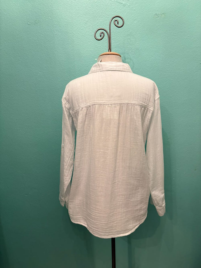 ROLL-UP SLV GAUZE BUTTON SHIRT-WHITE-MODODOC